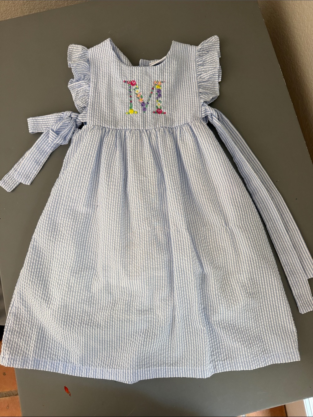 Light Blue Seersucker Girls' Dress with Floral 'M' Embroidery